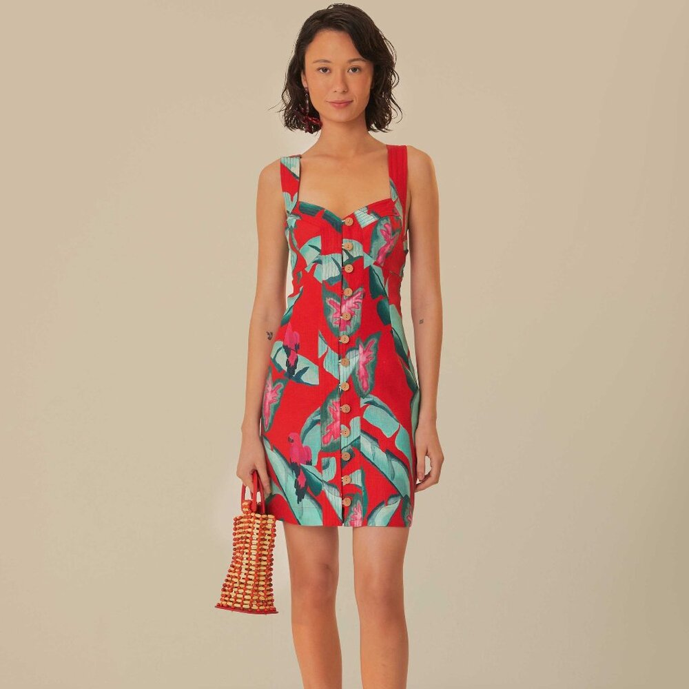 Farm Rio Summer Foliage Linen Mini Dress, Red/Green, NWT 🇧🇷